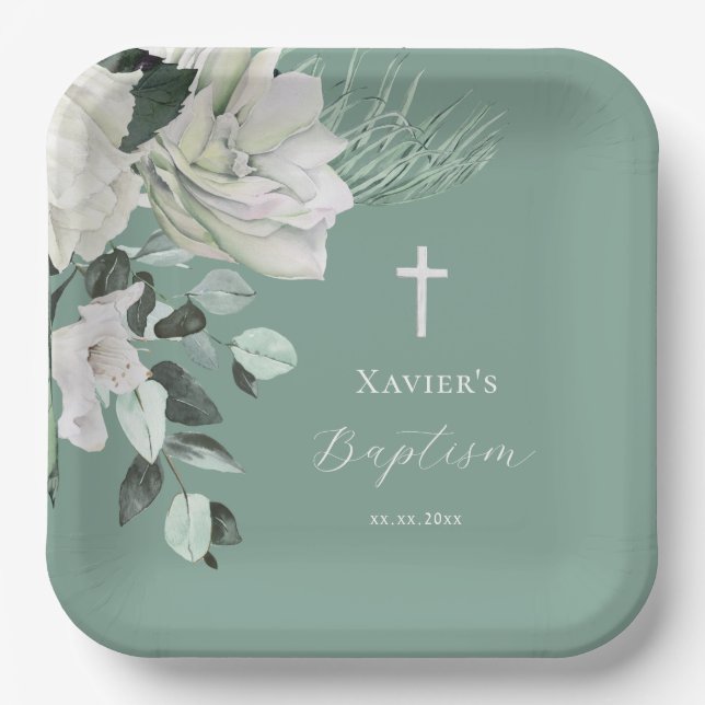 Assiettes En Carton bouquet vert blanc Baptême (Recto)