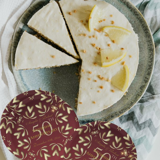 Assiettes En Carton Bourgogne 50e anniversaire de Mariage rouge et or (Créateur téléchargé)