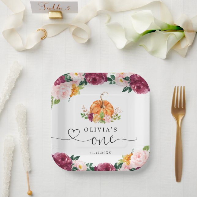 Assiettes En Carton Bourgogne automne fleuri Petit citrouille 1er anni (Mariage)