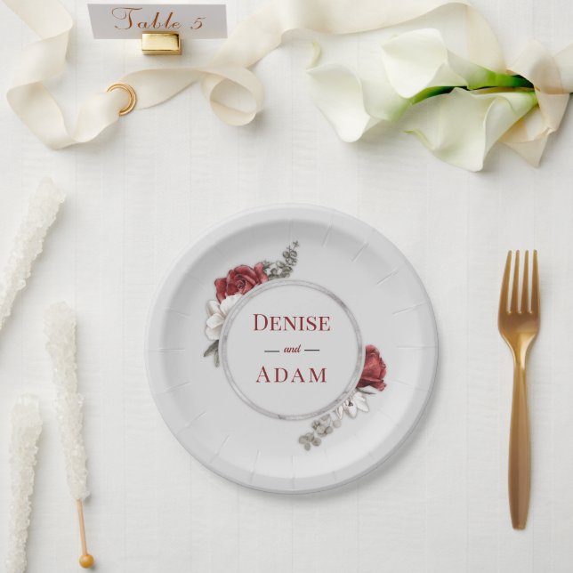 Assiettes En Carton Bourgogne Blush & White Roses Argent Foil (Mariage)