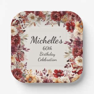 Assiettes En Carton Bourgogne Crème Automne Floral 60e Anniversaire