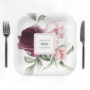 Assiettes En Carton Bourgogne et rose Rose 80e anniversaire