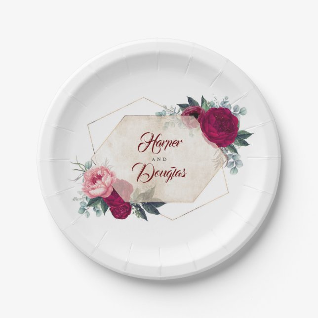 Assiettes En Carton Bourgogne floral automne géométrique (Devant)