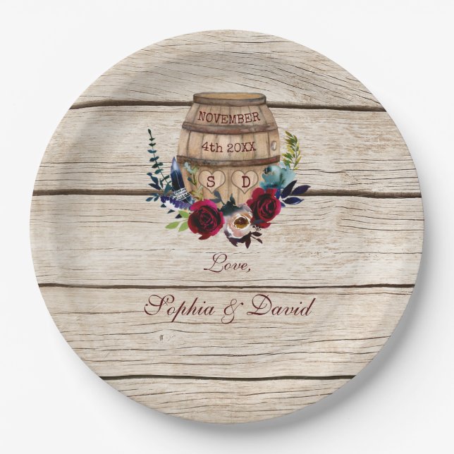 Assiettes En Carton Bourgogne Floral Barrel Mariage de automne (Devant)