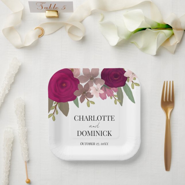 Assiettes En Carton Bourgogne Mariage de fleurs de jardin (Mariage)