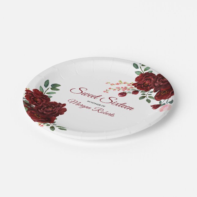 Assiettes En Carton Bourgogne Rose Romantic Sweet 16 Anniversaire (Angle)