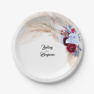 Assiettes En Carton Bourgogne Rouge Dusty Bleu Floral Pampas Grass