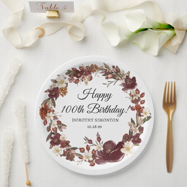 Assiettes En Carton Bourgogne Rouge Mauve automne fleurs 100e annivers (Mariage)