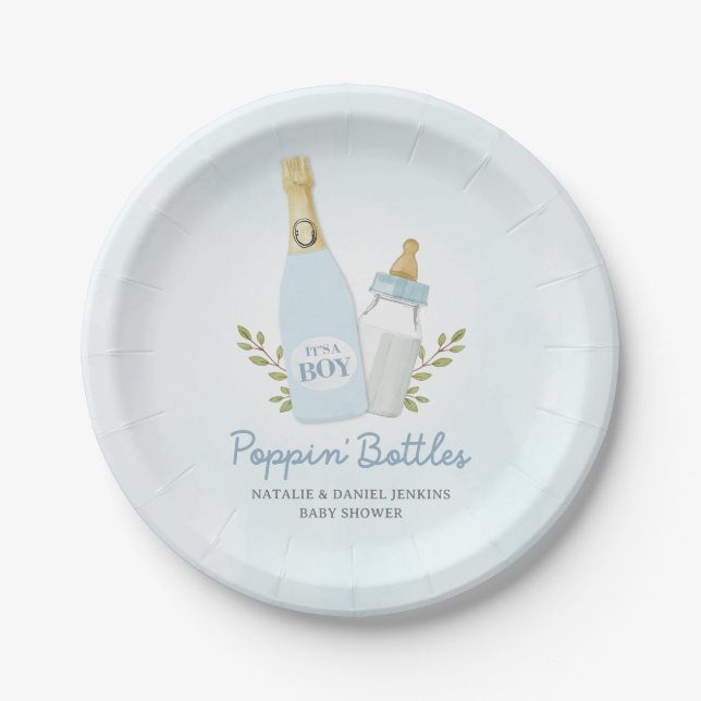 Assiettes En Carton Bouteilles Baby shower bleu (Devant)