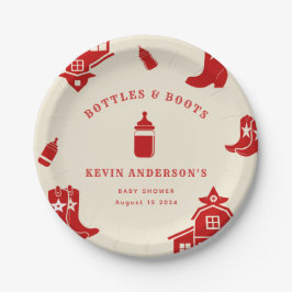 Assiettes En Carton Bouteilles & Boots Baby shower rouge rétro