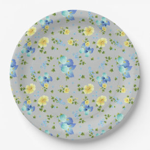 Assiettes En Carton Boutons jaunes et plaque en papier bleu Iris