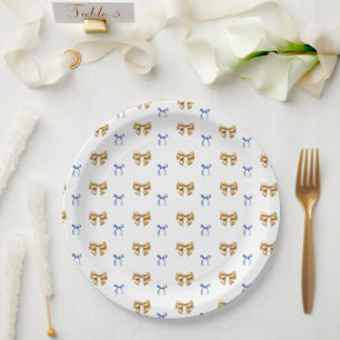 Assiettes En Carton Bow Coquette Bleu et Or