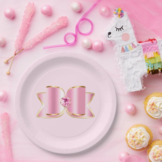 Assiettes En Carton Bow en verre rose avec pierre centrale (Fête)