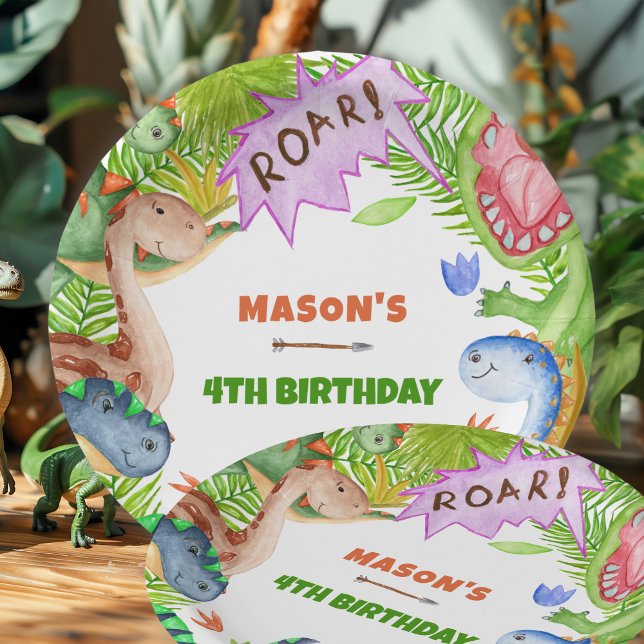 Assiettes En Carton Boy Dinosaur 4th Birthday  (Créateur téléchargé)