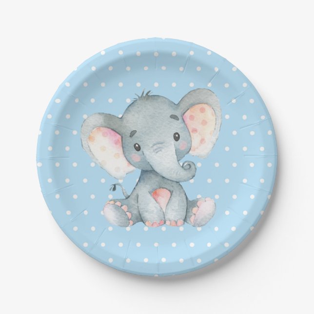 Assiettes En Carton Boy Elephant Baby shower Plaque papier bleu (Devant)