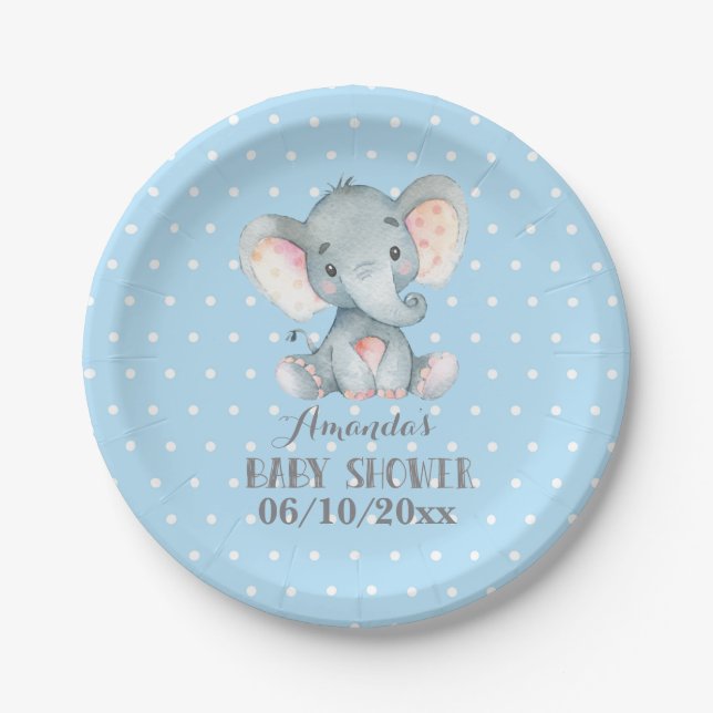 Assiettes En Carton Boy Elephant Baby shower Plaque papier bleu (Devant)
