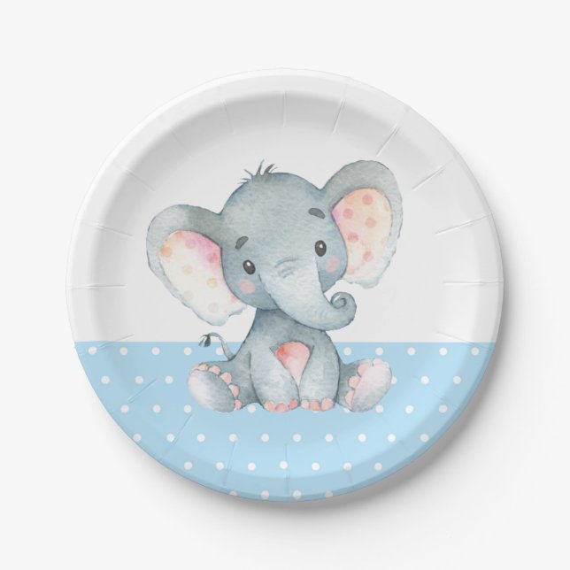 Assiettes En Carton Boy Elephant Baby shower Plaque papier bleu (Devant)