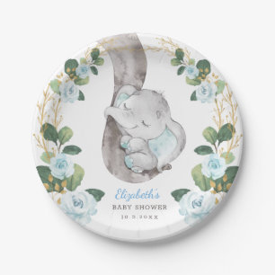 Assiettes En Carton Boy Elephant Bleu Or Floral Baby shower de verdure