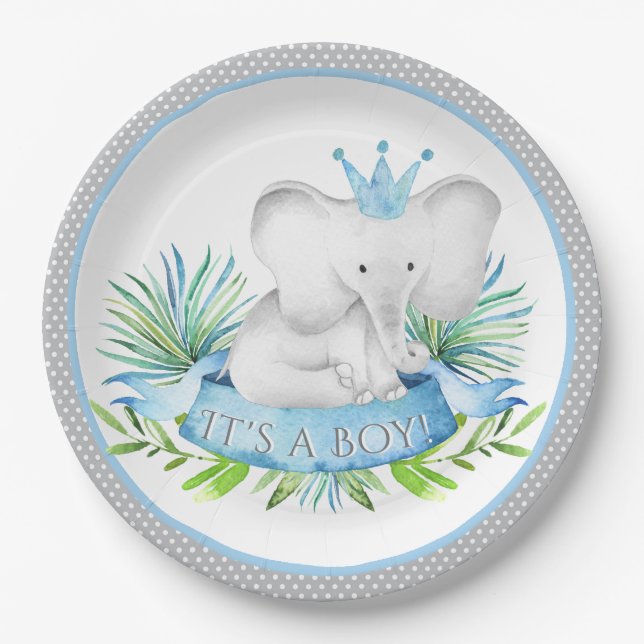 Assiettes En Carton Boy Elephant Prince Baby shower Plaques de papier (Devant)