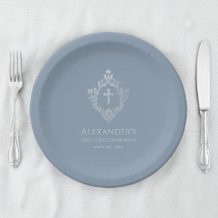 Assiettes En Carton Boy First Communion Dusty Blue Vintage Crest Cross