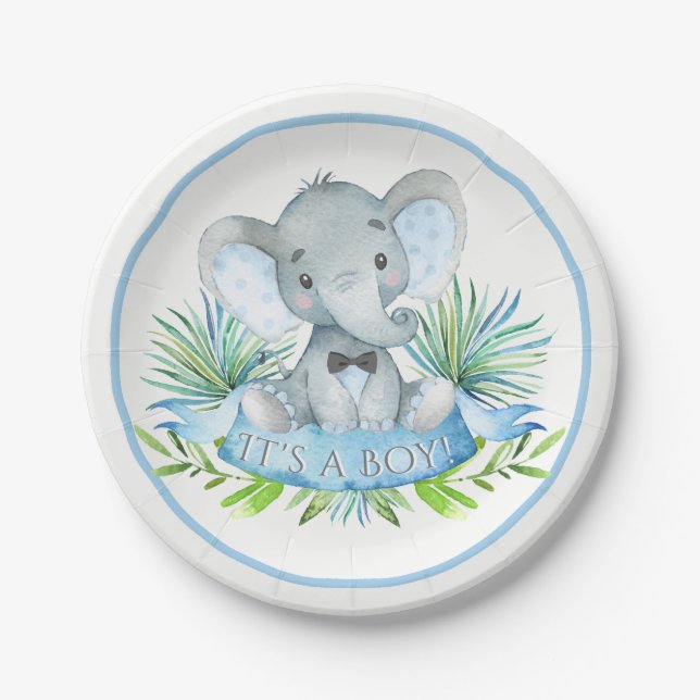 Assiettes En Carton Boys Elephant Baby shower Plaques de papier (Devant)