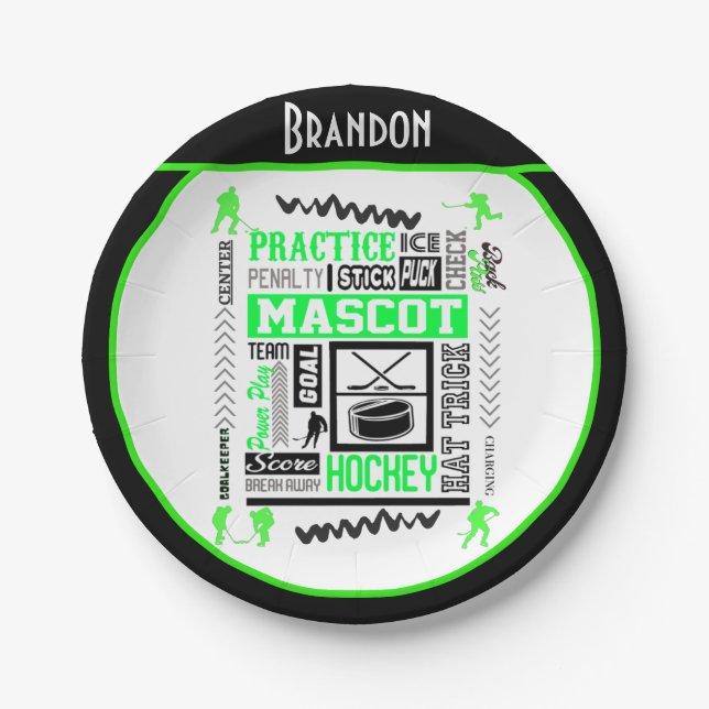 Assiettes En Carton Boys Hockey Terminologie Personnalisée Neon Green (Devant)