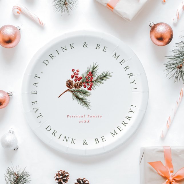 Assiettes En Carton Branche de pin moderne et baies Noël de famille (Créateur téléchargé)