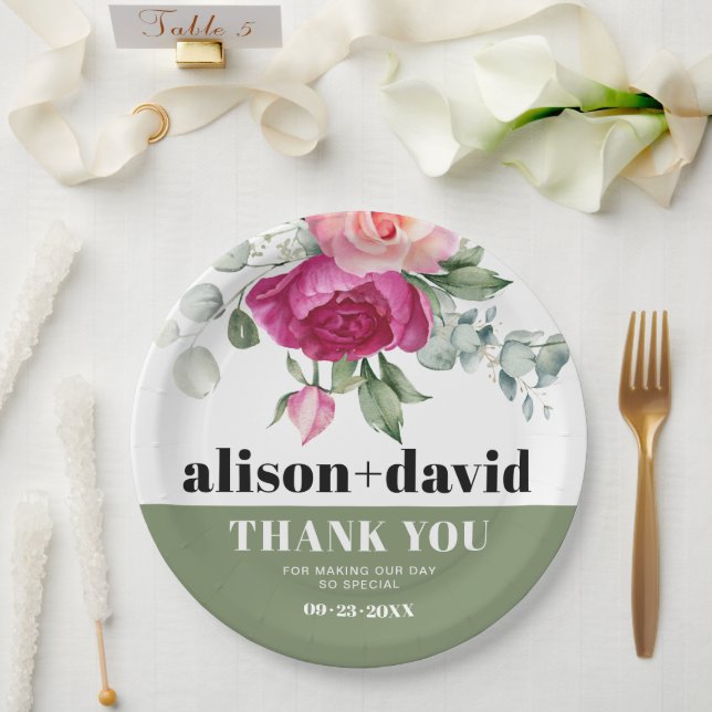 Assiettes En Carton Branches d'Eucalyptus avec roses roses rose mariag (Mariage)