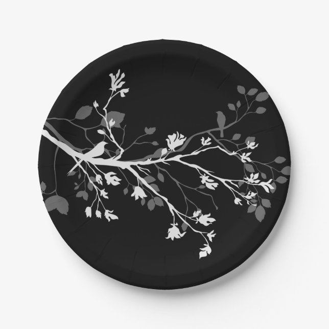Assiettes En Carton Branches d'oiseaux noirs gris blanc (Devant)