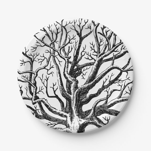 Assiettes En Carton Branches rustiques Abstraites en noir et blanc (Devant)