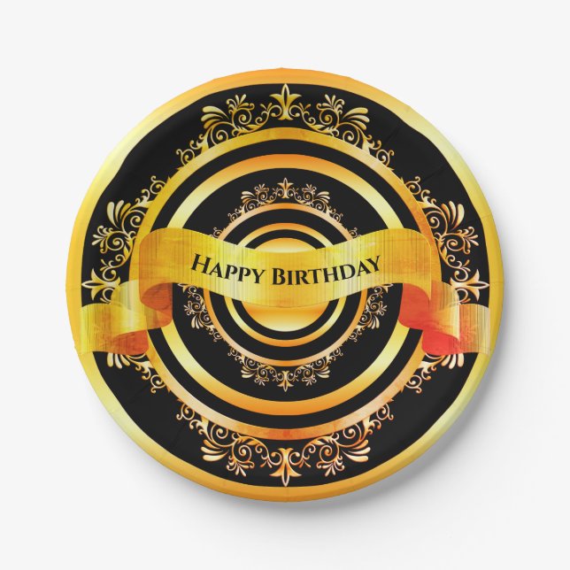 Assiettes En Carton Bright Gold Stylish Embellisé Joyeux Anniversaire (Devant)