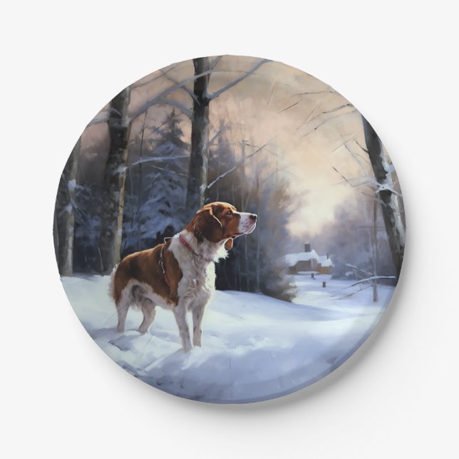 Assiettes En Carton Brittany Spaniel Laissez Neige Noël (Devant)