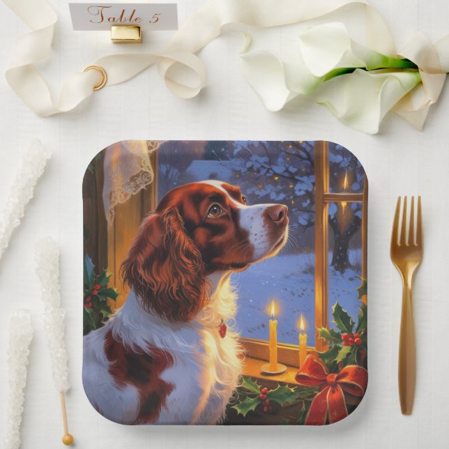 Assiettes En Carton Brittany Spaniel with Christmas Lights Holiday  (Mariage)