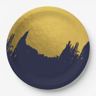 Assiettes En Carton Brochures Faux Gold avec Arrière - plan bleu marin