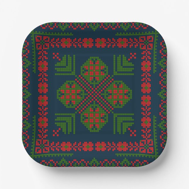 Assiettes En Carton Broderie palestinienne Tatreez rouge vert 5 Motif (Recto)