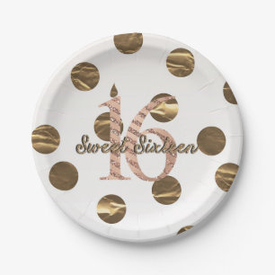 Assiettes En Carton Bronze Rose Pois Gold Sweet 16 Anniversaire