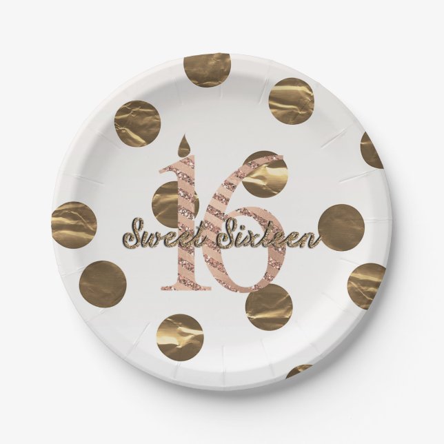 Assiettes En Carton Bronze Rose Pois Gold Sweet 16 Anniversaire (Devant)