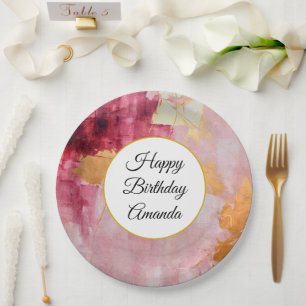 Assiettes En Carton Brosse artistique touche Gold et rose Anniversaire
