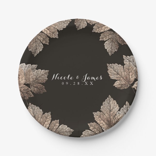 Assiettes En Carton Brown foncé et bronze Feuilles Rustique Personnali (Devant)