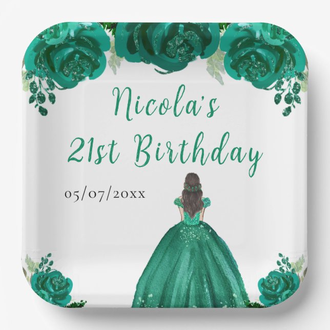 Assiettes En Carton Brown Hair Princess Green Floral Birthday Party (Recto)