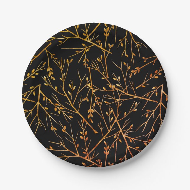 Assiettes En Carton Brûler Orange Twigs sur Noir (Devant)