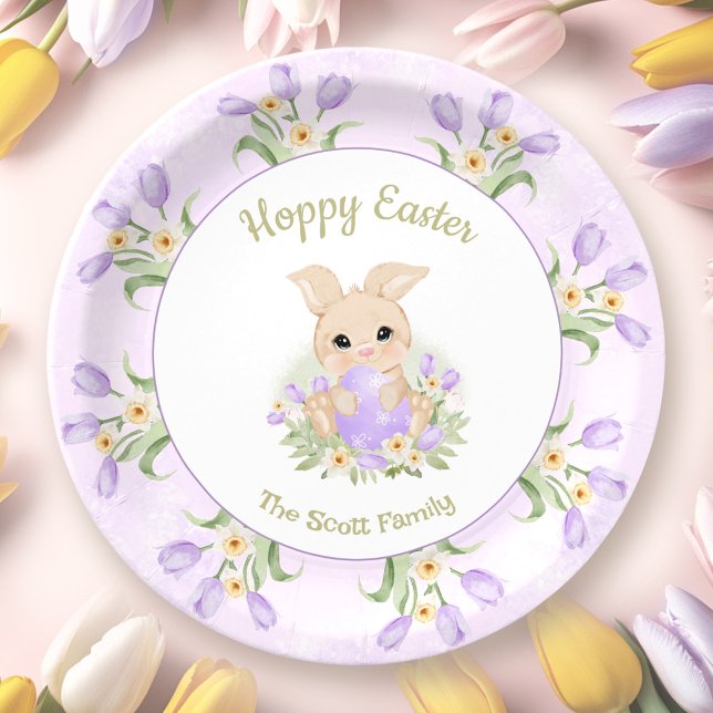 Assiettes En Carton Brunch de Pâques Chasse aux oeufs Tulipes pourpres (Easter Brunch Egg Hunt Purple Tulips Bunny Name Paper Plates)