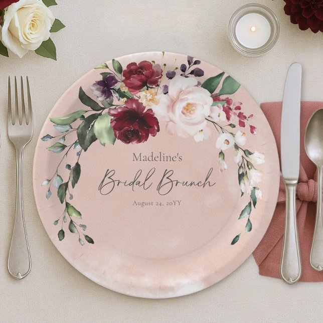 Assiettes En Carton Brunch nuptial rustique Bourgogne & Roses Roses Ro (Rustic Burgundy & Blush Pink Roses Bridal Brunch Paper Plates)
