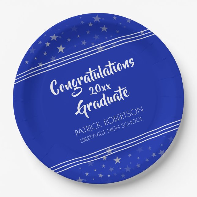Assiettes En Carton Brush Script | Bleu royal modifié | Graduation (Devant)
