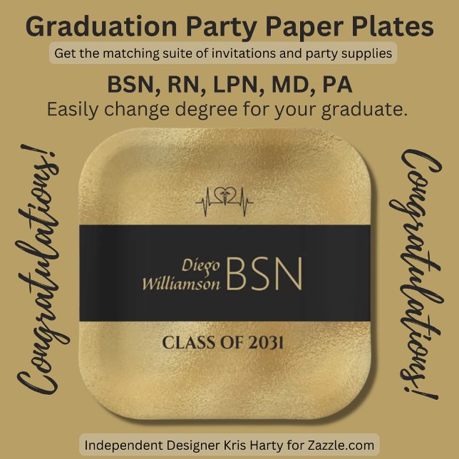 Assiettes En Carton BSN NURSE Graduation RN LPN Nom Black Faux Gold (Créateur téléchargé)