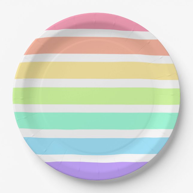 Assiettes En Carton Bubblegum arc-en-ciel et bandes blanches (Devant)
