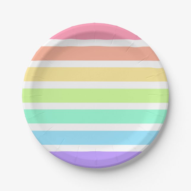 Assiettes En Carton Bubblegum arc-en-ciel et bandes blanches (Devant)