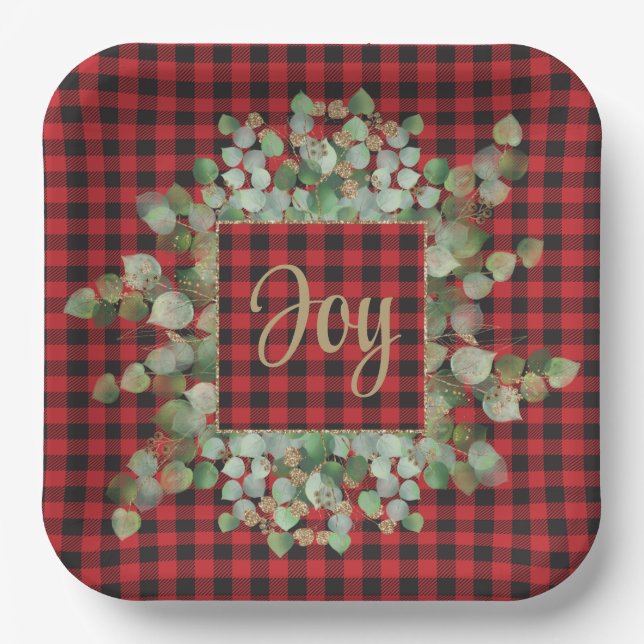 Assiettes En Carton Buffalo Plaid Gold Sparkhe Eucalyptus Personnalisé (Recto)