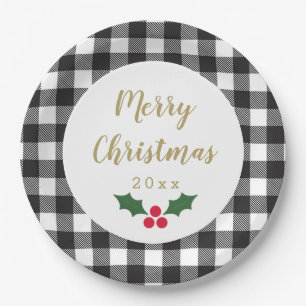 Assiettes En Carton Buffle noir et blanc plaqué Holly Christmas