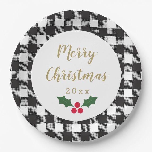 Assiettes En Carton Buffle noir et blanc plaqué Holly Christmas (Devant)